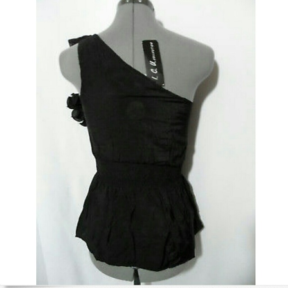 Nwt ICU Roses Peplum Top S Black Gray blouse Small One shoulder Ruched - Picture 7 of 7